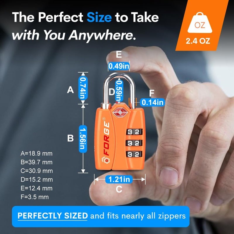 Forge TSA Luggage Combination Lock - Open Alert Indicator, Easy Read Dials, Alloy Body- Ideal for Travel, Lockers, Bags (Orange 2PK) - Image 4